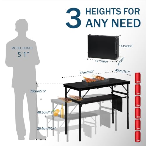 LOFTEY 3 ft Folding Camping Table, Portable Camp Table, Adjustable Height | 3 Height Settings up to 27.5", 70 lb Capacity, Compact Tri-Fold, Lightweight with Carry Bag, Mesh Pocket and Hooks