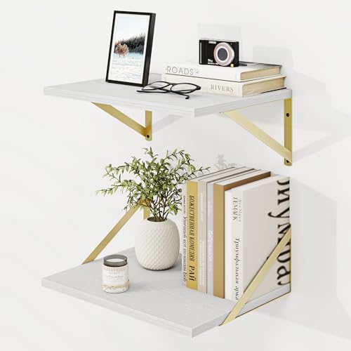 Dreamland Wall Mounted Floating Shelves Set of 2, 16x12, White&Gold | Engineered Wood, Visible Bracket, Large Storage, Hold Up to 40lbs, Living Room, Bathroom, Bedroom, Kitchen - color: White&gold, size: 16"W x 12"D