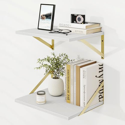 Dreamland Wall Mounted Floating Shelves Set of 2, 16x12, White&Gold | Engineered Wood, Visible Bracket, Large Storage, Hold Up to 40lbs, Living Room, Bathroom, Bedroom, Kitchen - color: White&gold, size: 16"W x 12"D