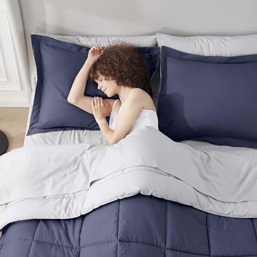 Nestl 7 Piece Full Comforter Set – Navy Reversible Bed in a Bag – Complete Full Size Bedding Set with Sheets, Pillowcases and Shams - color: Navy, size: Full