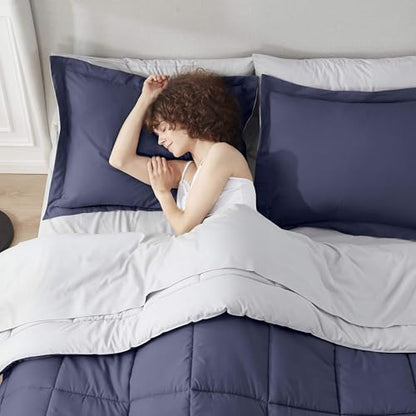 Nestl 7 Piece Full Comforter Set – Navy Reversible Bed in a Bag – Complete Full Size Bedding Set with Sheets, Pillowcases and Shams - color: Navy, size: Full