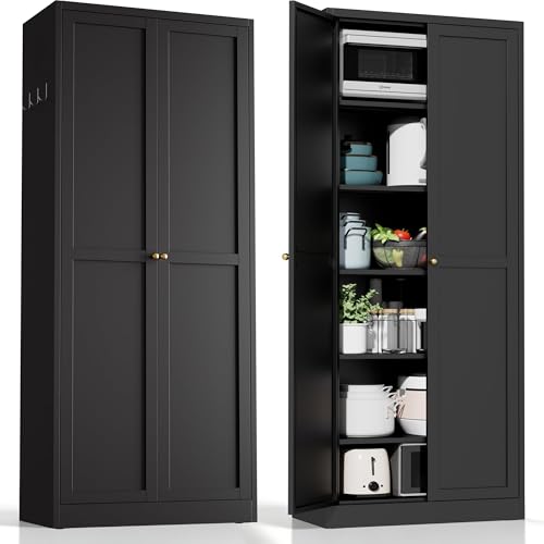 AQY Metal Pantry Cabinet, 72" Black Kitchen Storage Cabinet with Doors | 5 Adjustable Shelves Freestanding Storage Metal Cabinet Kitchen & Living Room Organization - color: Black, style: H72" - 2 Doors Hooks & Vents