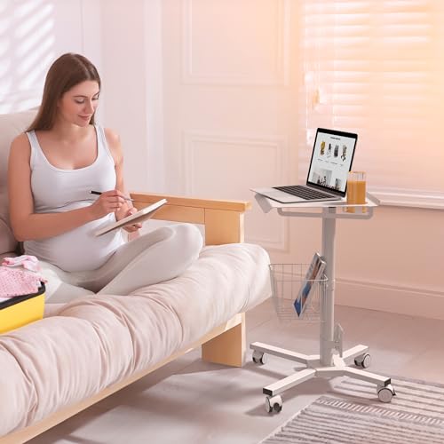 ONKRON Laptop Cart on Wheels, max 17.6 lbs, Portable Workstation, White | Rolling laptop desk with 29.7-45.2" height adjustment, locking wheels and storage basket; for home, office & school