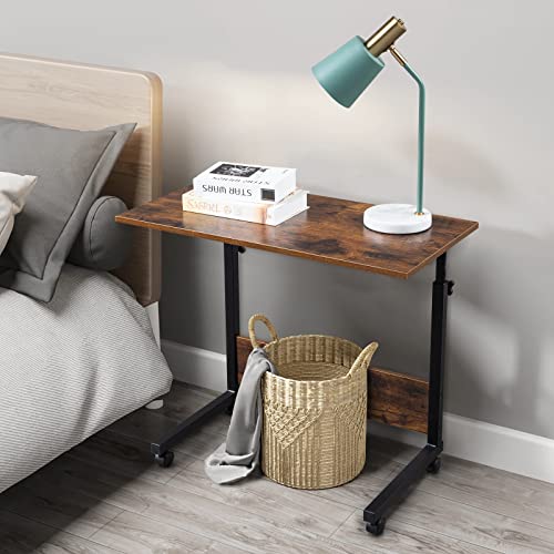 Sofa Side Table C Shaped End Table with Wheels, Rolling Bedside Laptop Table Snack Table TV Tray, Height Adjustable, Wooden Top & Metal Frame - color: Retro Brown, 31.5"