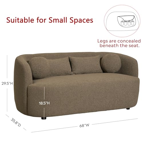 KINWELL 68" Boucle Upholstered Loveseat with 4 Toss Pillows, Teddy Brown | No Assembly Deeper 2-Seater Sherpa Couch Settee Love Seat Sofa with 3 Height Options for Small Spaces Apartment Living Room - color: Teddy Brown, size: Loveseat