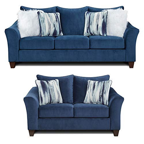 Roundhill Furniture Camero Fabric Pillowback 2-Piece Living Room Set, Navy Blue - color: Navy Blue