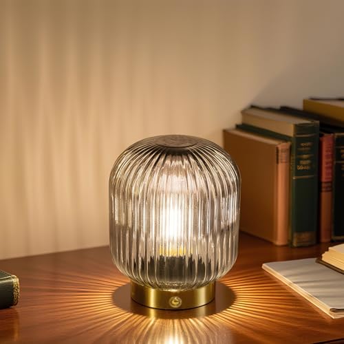 MJ PREMIER Rechargeable Table Lamp, Cordless Lamp with Memory Function,Gray | Small Glass LED Lamp with Dimmable Brightness, Decorative Touch Lamps for Bedroom Living Room