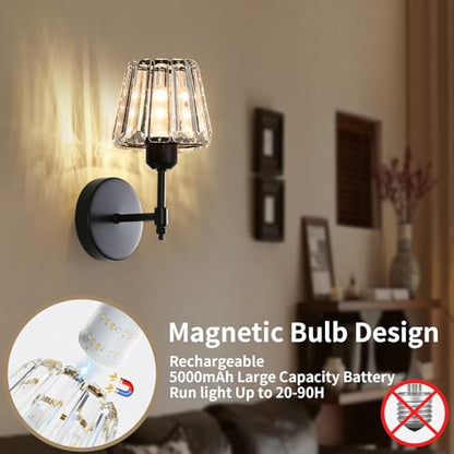 Battery Operated Crystal Wall Sconce Set of 2, Black Rechargeable Wireless Wall Sconces with Remote Dimmable 12 Colors Modes Led Wall Lights, Wall Lamp for Bedroom Living Room Hallway 2 Bulbs Included - color: Black