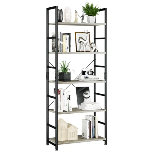 NUMENN 5 Tier Bookshelf, Tall Freestanding Open Storage Bookcase, Grey | Storage Organizer with Metal Frame & Wood Shelves, Support Bars & Adjustable Feet for Bedroom, Living Room & Home Office - color: Grey, size: 5 Tier