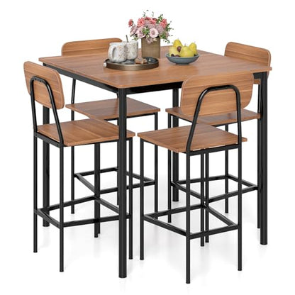 Giantex 5-Piece Dining Table Set W/Counter Height Table & 4 Bar Stools, Industrial Kitchen Dining Table Set W/Footrest & Backrest, Space-Saving Dinette Set for Pub, Dining Room, Restaurant (Teak) - color: Teak