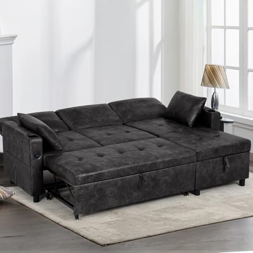 84" Suede Leather Pull Out Sofa Bed w/Adjustable Backrest, Black | Sectional Sleeper Couch w/Storage Chaises and Armrest Pillows, U-Shape Sofa Bed w/USB Port for Living Room - color: Black, size: 84"