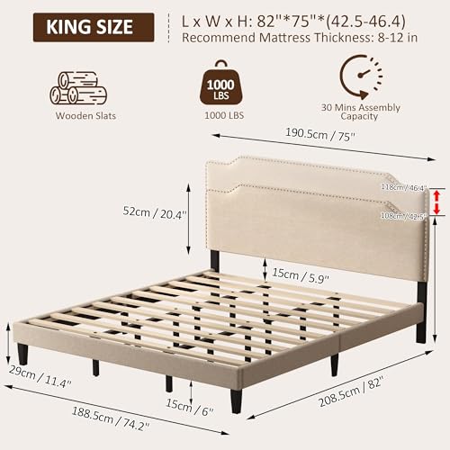 King Size Bed Frame with Upholstered Headboard, Wood Platform Bed with Soft Linen Adjustable Headboard | Elegant Studded Design | Wooden Slats | No Box Spring Needed, King Bed Frame Beige - color: Beige, size: King (U.S. Standard)