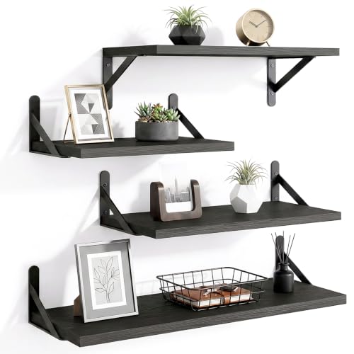 YGEOMER 4 Different Sizes Floating Shelves for Wall Home Decor, Black | Rustic wood shelves in mixed sizes for flexible combined storage. Fits bathroom, kitchen, living room, bedroom and office. - color: Black, size: 16inch Mixed
