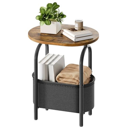 Small Round Side Table with Fabric Basket Storage, Oval End Table for Small Spaces, Modern Coffee Bedside Table, Couch Side Table for Living Room, 15.7" X 11.8" X 24", Rustic Brown 8601BZBF - color: Rustic Brown and Black