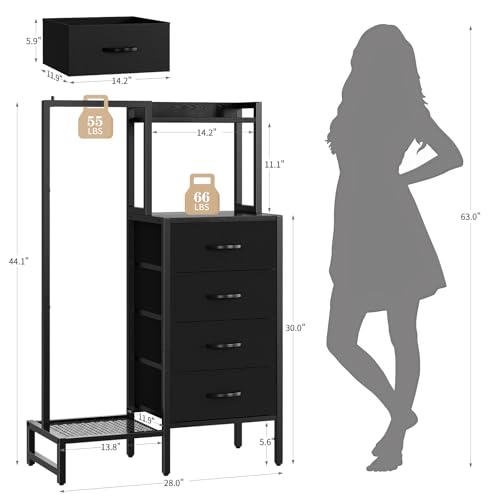 Yoobure Black Dresser with Hanging Rack - Small Closet with 4 Fabric Storage Drawers, 44" H Dresser with Clothes Rack, Chest of Drawer, Kids Dressers for Bedroom, Dorm, Living Room, Sturdy Frame - color: Black
