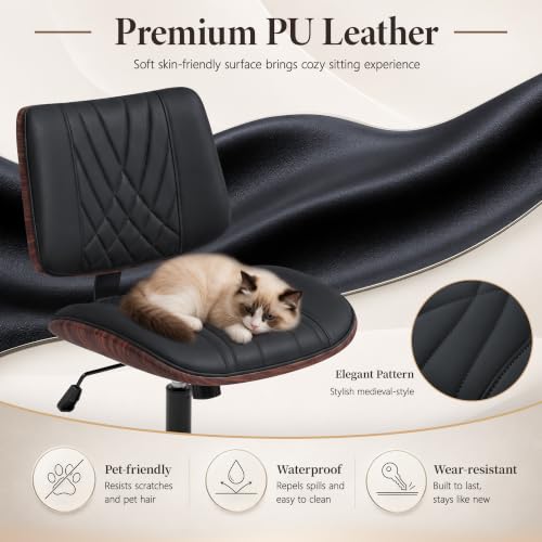 Armless Office Chair, Small Comfy Leather Desk Chair with Wheels | PU Leather, Adjustable Height, Swivel Rolling, Mid Back Computer Chair, Home Bedroom Meeting Room, Black - color: Black
