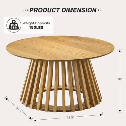 HNY Natural Round Coffee Table, Wood 31.5" Center Table for Living Room | Modern Mid Century Circle Coffee Table with Fluted Base for Outdoor Patio, Home Small Space, Bedroom, Apartment, Studio - color: Natural