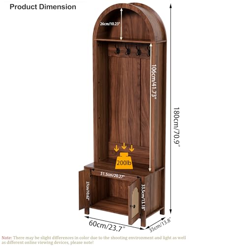 Hall Tree with Bench and Shoe Storage 4-in-1 Entryway Bench with Coat Rack | 70.9"Arch Coat Rack with Fluted Doors and 4 Hooks,Top Cubby,Farmhouse Tall Hall Tree Entryway Organizer for Hallway,Walnut - size: 23.7"W