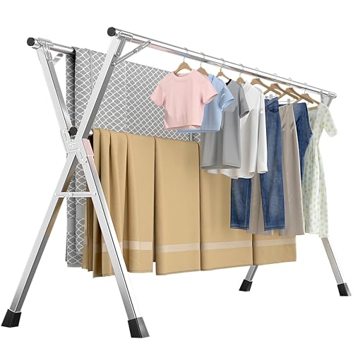 Folding Stainless Steel Laundry Drying Rack 63 Inches | Heavy-duty stainless steel, Foldable & Retractable, Holds up to 150 lbs, Includes 20 windproof hooks for indoor & outdoor use - size: 63''