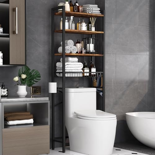 Kalrin Over-The-Toilet Storage Rack, 4-Tier Bathroom Organizer Shelf Over Toilet with Adjustable Shelf and Basket, Freestanding Space Saver Bathroom Shelves Above Toilet for Room (Vintage Brown) - color: Brown