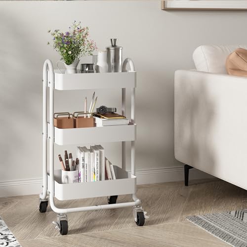 Metal Rolling Cart,3-Tier Metal Rolling Cart with Wheels,3 Tier Utility Cart with Wheels for Office,Home,Kitchen,Garden（13.4"x18.1"x31"） White - color: White, size: 31"H