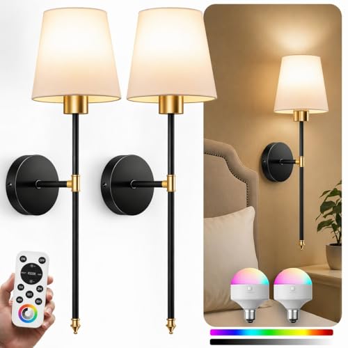 IRONPAX Wall Sconces Battery Operated Set of 2, Wireless Rechargeable Wall Sconce Set of Two, Dimmable Wall Lights with Remote for Bedroom Living Room Hallway Decor (Gold-Black, Fabric Shade) - color: Gold-Black