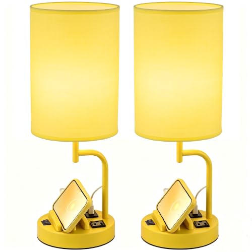 Dreamholder 2 Pack Table Lamp, Bedside Lamp with 3 USB Charging Ports & AC Outlet, USB Desk Lamp with 2 Phone Holders, Linen Fabric Shade Nightstand Lamps for Bedroom Living Room Office, Yellow - color: Yellow