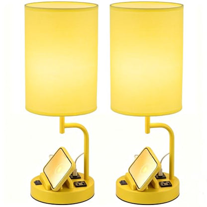 Dreamholder 2 Pack Table Lamp, Bedside Lamp with 3 USB Charging Ports & AC Outlet, USB Desk Lamp with 2 Phone Holders, Linen Fabric Shade Nightstand Lamps for Bedroom Living Room Office, Yellow - color: Yellow