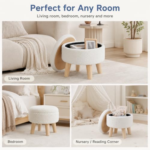 Simple Deluxe 13" Round Storage Ottoman with Wooden Legs & Dual-Use Tray Lid, Fluffy Teddy Boucle Ottoman Footstool for Bedroom, Living Room & Vanity, Beige - color: Beige