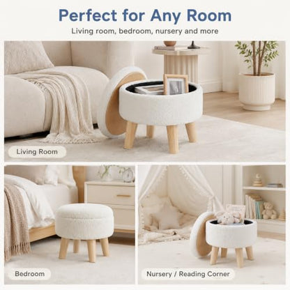 Simple Deluxe 13" Round Storage Ottoman with Wooden Legs & Dual-Use Tray Lid, Fluffy Teddy Boucle Ottoman Footstool for Bedroom, Living Room & Vanity, Beige - color: Beige