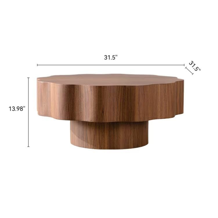 Modern Scalloped Coffee Table 31.5" Round Wood Center Table Wave-Shape Coffee Tea Tables with Pedestal Base for Living Room Apartment Small Space (Walnut) - color: Walnut