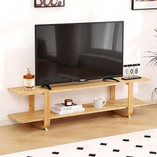 Wood Bamboo TV Stand for 55-Inch TVs, 2 Open Shelves, Modern Console | Mid Century Style, Open Storage for Electronics and Decor in Living Rooms and Bedrooms - color: Wood