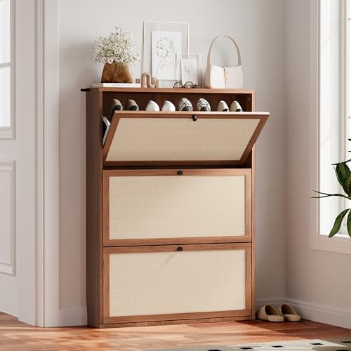 Narrow Shoe Storage Cabinet for Entryway with Natural Linen Panel, Freestanding Slim Shoe Cabinet with 3 Flip Drawers, Wood Shoe Organizer Closed Shoe Rack for Hallway, Living Room(Walnut) - color: Walnut, size: 3 Drawers Single Layer