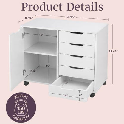 5 Drawer Office Storage Cabinet - Wooden Lateral File Cabinet with 5 Drawers, Door, and Adjustable Shelves - Rolling Printer Stand for Home Office Organization and Storage by Lavish Home (White)