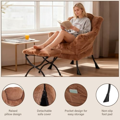 Welnow Lazy Chair with Ottoman, Reading Chair with Footrest, Plush Brown | A Side Pocket,Armrests,Foldable Footrest,Thick Cushioned Seat & Backrest, Lounge Chair for Bedroom,Living Room & Small Space - color: Plush Brown
