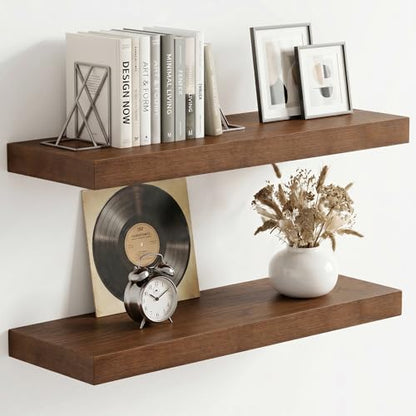 fuqing 20 Inch Floating Shelves 6.7'' Deep Dark Wood Wall Shelves Set of 2 | 20'' x 6.7'' x 1.4'' Rustic Wood Shelves for Bathroom, Living Room, 35LBS, Lightweight, Hardware Included, Waterproof Finish - color: Walnut, size: 20 Inch