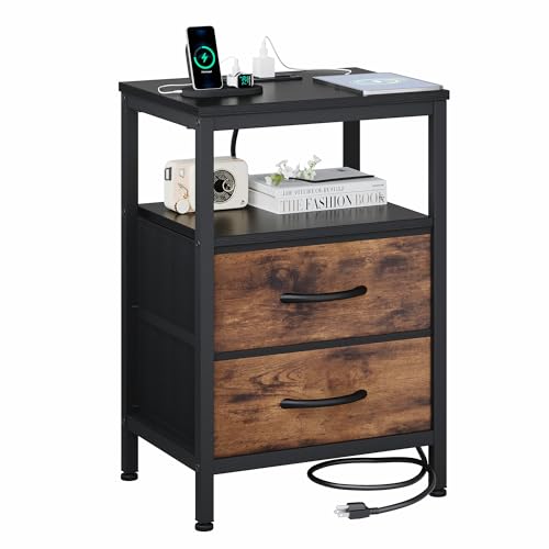 OLIXIS Nightstand with Charging Station, Beside Table with Fabric Drawers | 3-Tier End Table with Storage Shelf, Night Stand with USB Ports and Outlets for Bedroom, Rustic Brown and Black - color: Black and Brown, size: 15.7"Dx11.8"Wx23.6"H(2 Drawer, 1 Pa