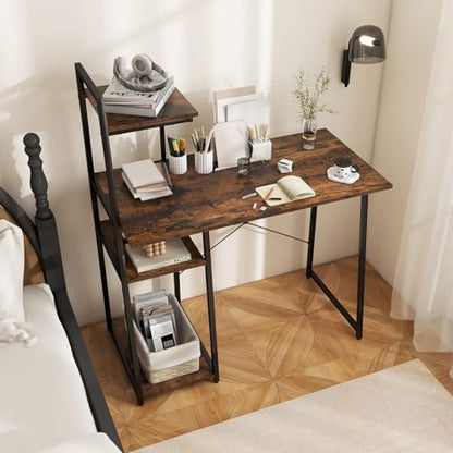 Tangkula Computer Desk with Shelves, Space Saving Home Office Desk with 3-Tier Ladder Shaped Storage Bookshelf, Modern Writing Study Desk with Metal Frame, Compact Computer Workstation (Rustic Brown) - color: Rustic Brown