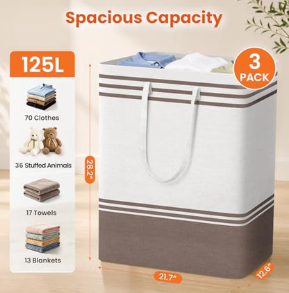 TranquilRelax 3-Pack Laundry Basket, Laundry Hamper, Khaki-125L | Freestanding＆Water-Resistant Laundry Hamper, Collapsible Tall Clothes Hamper with Carry Handles for Clothes, Laundry Basket - color: Khaki, size: 125L