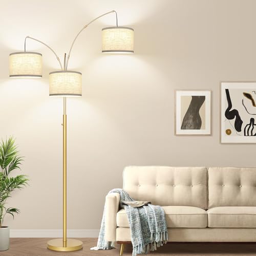 Dimmable Floor Lamp, 3 Lights Gold Arc Floor Lamp, Modern Tall Standing Tree Lamp with White Linen Shades & Heavy Base, 3000LM LED Bulbs, Bright Lighting for Living Room, Bedroom, Office & Reading - color: Gold-White Shade