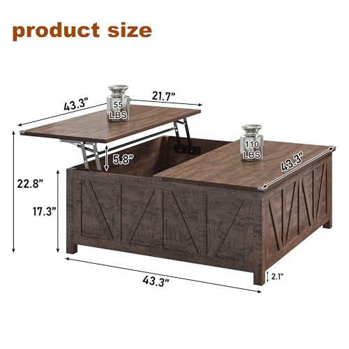 chartustriable 43.3“ Lift Top Coffee Table with Storage, Farmhouse Coffee Table with Large Hidden Storage Compartment and Shelves，Square Center Tables for Living Room, Tea Table Dark Brown - color: Brown