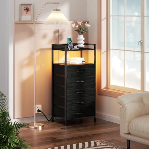 Nightstand with Charging Station,LED,5 Drawers Dresser for Bedroom | Tall Bedside Table,Dorm Night stand with LED Light & Remote Control, Metal Frame and Fabric Bins,Wood Desk Top,Easy Assemble - color: Black Oak, style: 5 Drawer