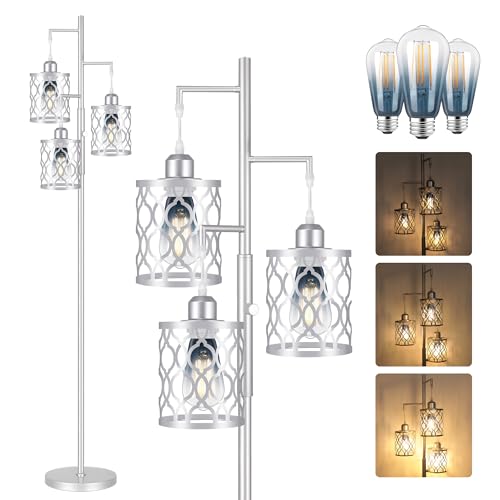68" Farmhouse Floor lamp, Dimmable Industrial Floor Lamps for Living Room, 3 Light Rustic Standing Tall Lamp Including 3 PCS 6W Edison Bulbs, Tree Floor Lamp for Bedrooms Room, Office, Bar, Silver - color: Silver - Dimmable (With Bulbs), size: 68"