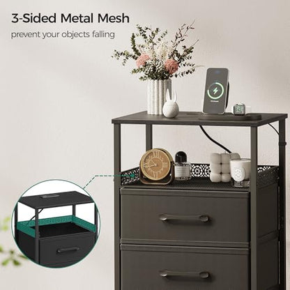 JARHETUN Nightstand Set of 2, Night Stands with Charging Station, 26.4 Inch Tall Bedside Table with Metal Shelf, Modern Side End Table with 3 Fabirc Drawers, Small Dresser for Bedroom, Black - color: Black, style: Power