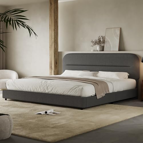 HOMBCK King Size Bed Frame, Boucle Upholstered Bed Frames with Headboard, Soft Cloud Bed Frame King with Thickened Footboard, Rounded Corners, No Box Spring Needed, Easy Assembly, Grey - color: Grey, size: King