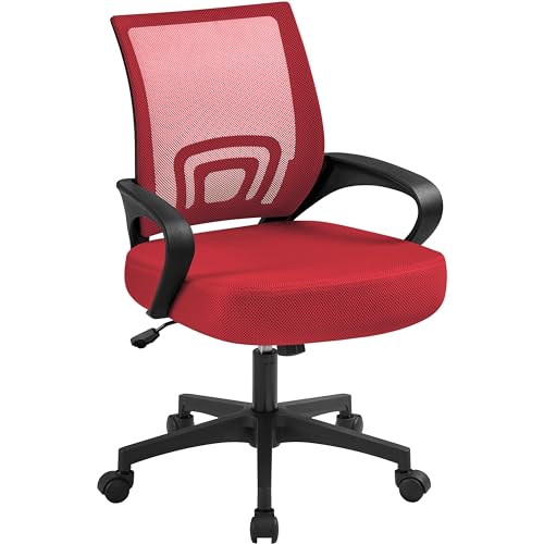 Yaheetech Mid Back Mesh Computer Office Desk Chair Adjustable Swivel, Red | Breathable mesh back and foam padded seat for comfortable work at home or office; steel frame holds 300 lb, easy assembly. - color: Red