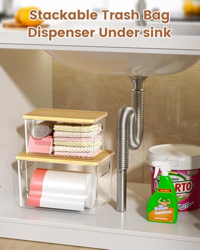 Trash Bag Dispenser 2 Pack, Stackable Trash Bag Holder with Bamboo Lid – Clear Plastic Garbage Bag Organizer for 4-33 Gal Bags, Space-Saving Under Sink Organizer for Kitchen, Laundry, Pantry - size: XL+S