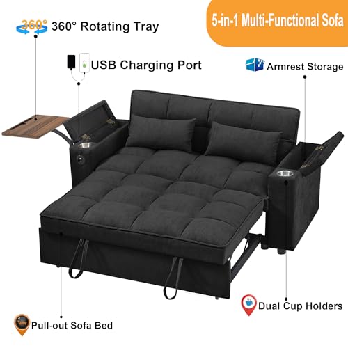 66" Multi-Functional Pull-Out Sofa Bed with Hidden Side Table, Storage Armrests, Built-in Charging Port, Spring Mattress, Solid Wood Frame – Ideal for Small Spaces, Easy Assembly - color: Fashion White
