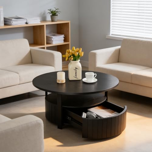 33.07" Round Coffee Table with Storage, 2 Tier Modern Wood Center Table with Drawer, 2 Tiers and 1 Drawer, Accent Table for Living Room, Apartment, Small Space.(Black) - color: Black-a