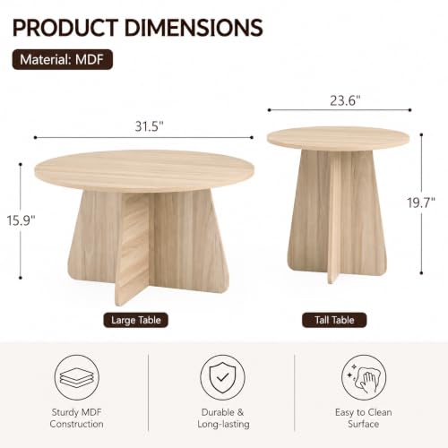 Nesting Coffee Table Set of 2, Round Wooden Coffee & Side Tables with Tapered Base, Natural Wood Finish, Modern Accent Furniture for Living Room Bedroom, Space-Saving Design - color: Natural Wood, size: Nesting Coffee Table Set